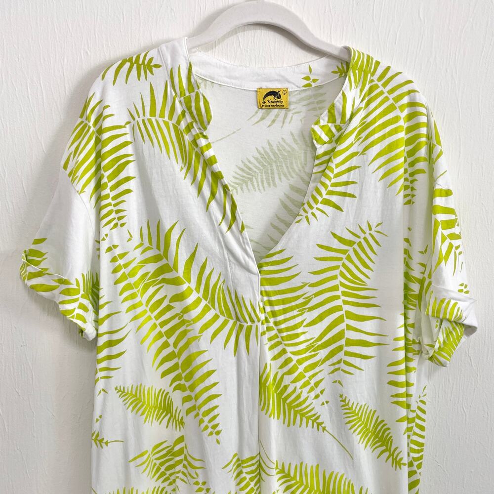Kealopiko Womens Shirt Dress L White Green Fern Print Hawaiian Organic Cotton - Picture 7 of 13